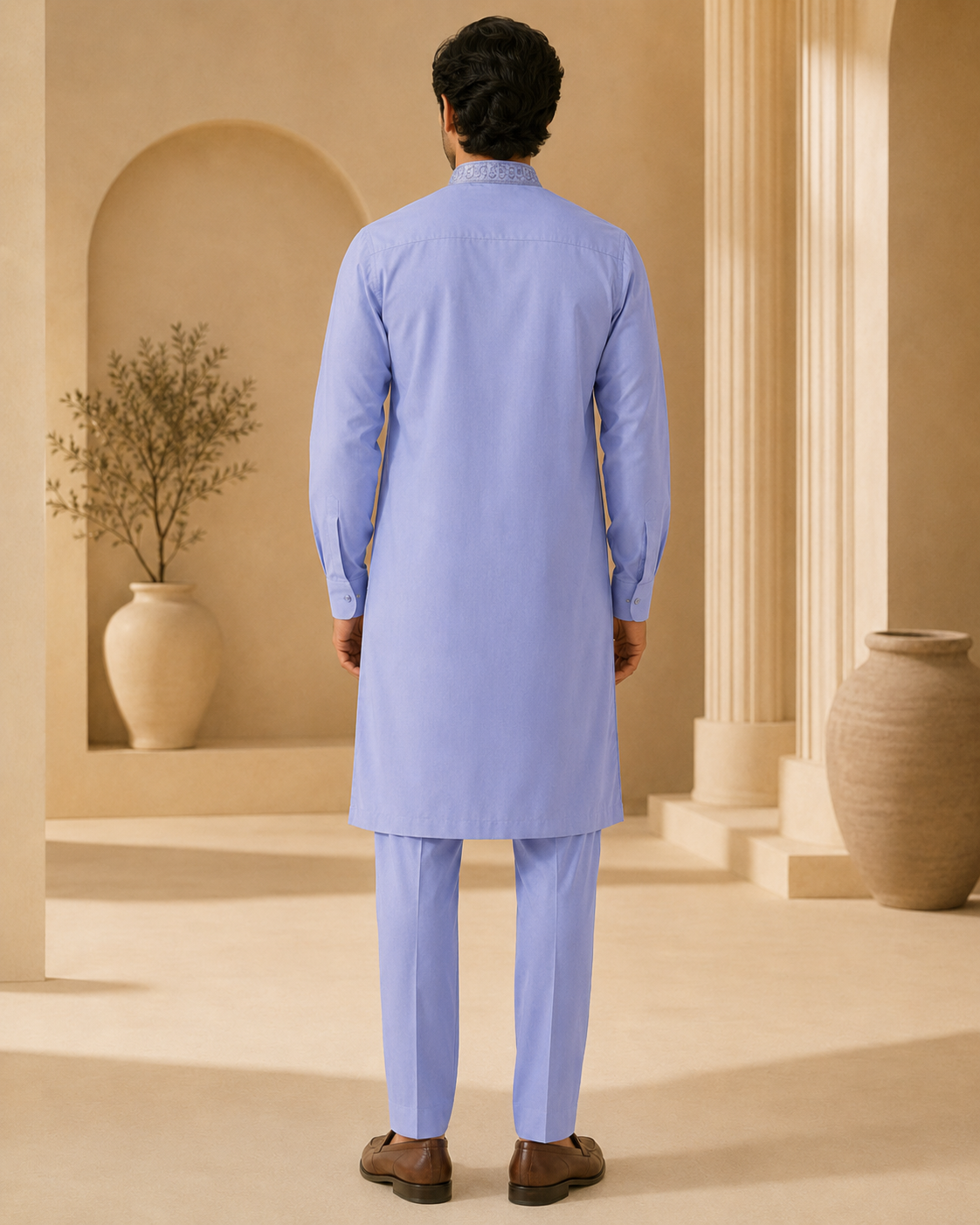 Periwinkle Blue 2-Piece Men’s Embroidered Kurta Trouser Set
