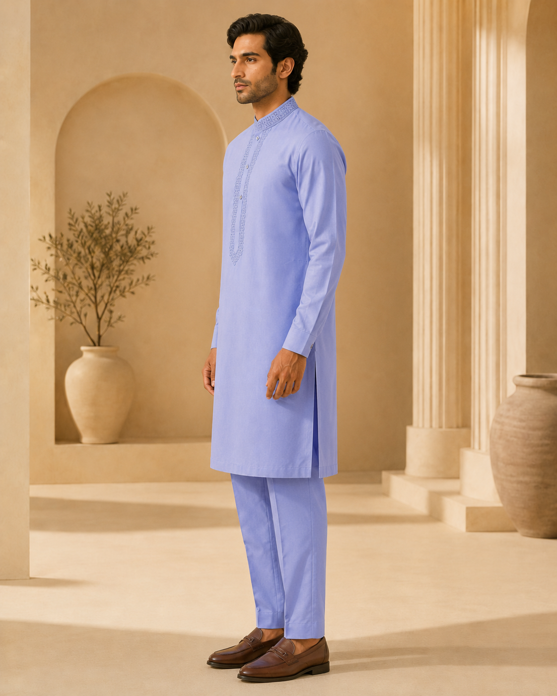 Periwinkle Blue 2-Piece Men’s Embroidered Kurta Trouser Set