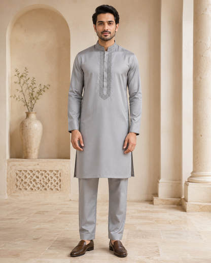 Silver Gray 2-Piece Men’s Embroidered Kurta Trouser Set