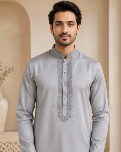 Silver Gray 2-Piece Men’s Embroidered Kurta Trouser Set