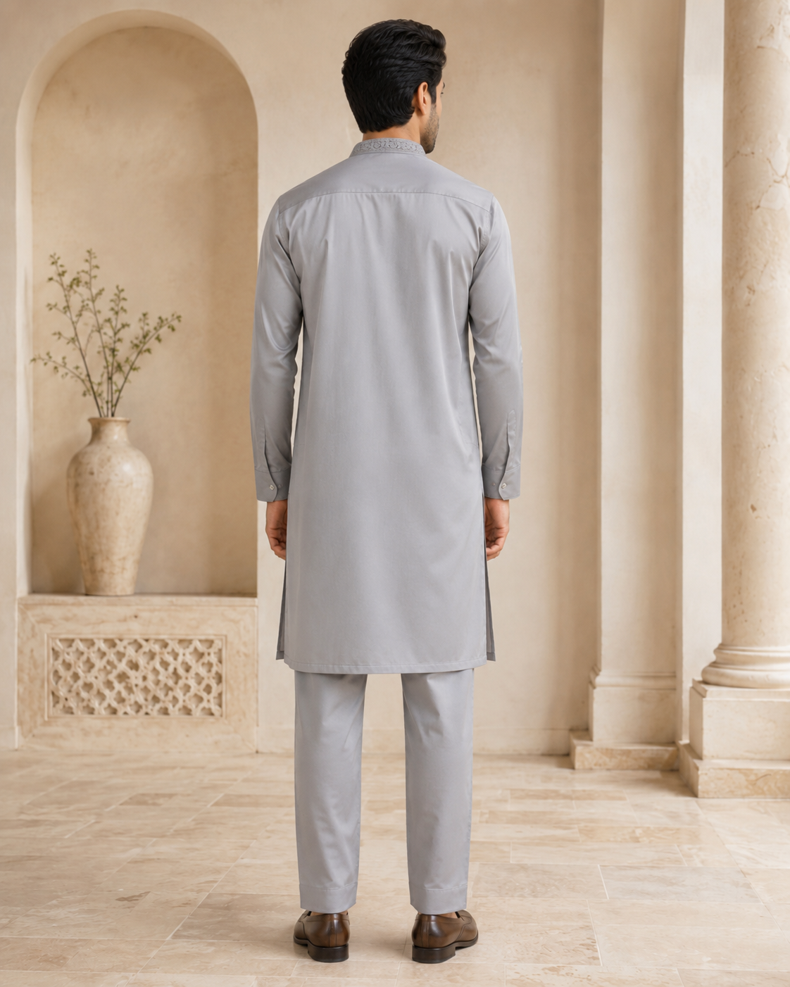 Silver Gray 2-Piece Men’s Embroidered Kurta Trouser Set