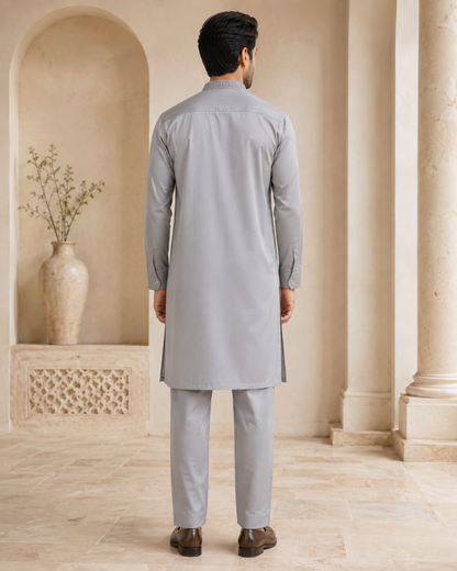 Silver Gray 2-Piece Men’s Embroidered Kurta Trouser Set
