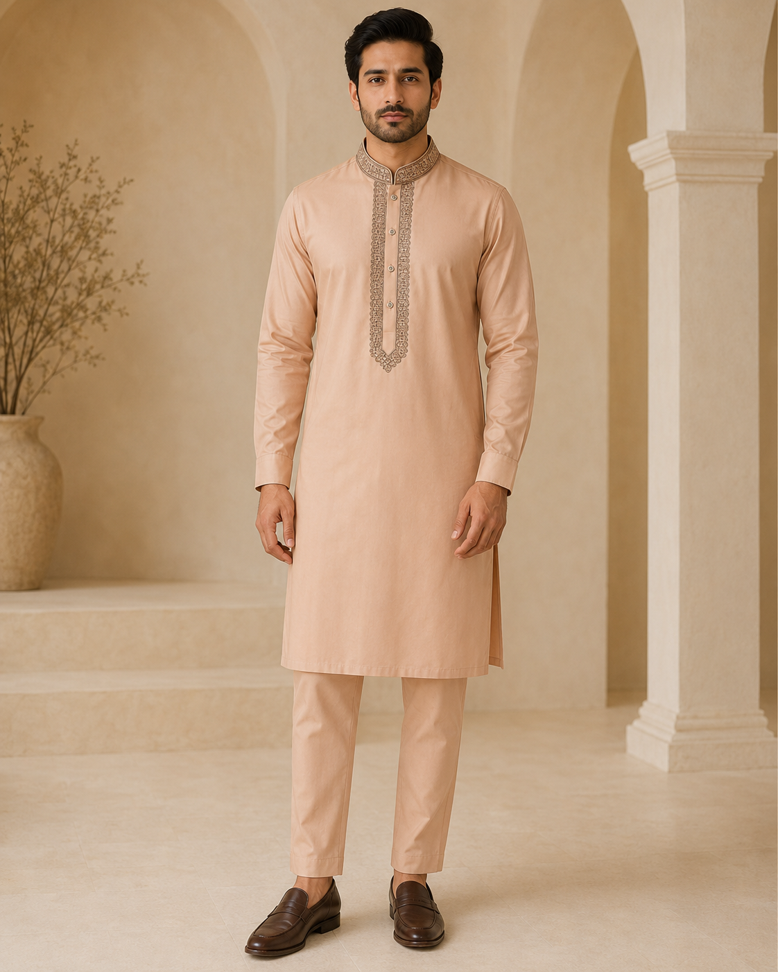 Blush Peach 2-Piece Men’s Embroidered Kurta Trouser Set