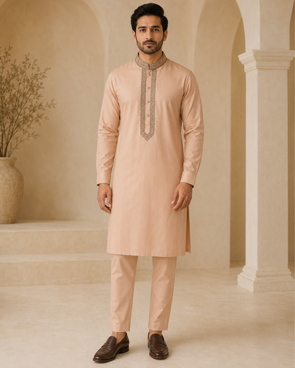 Blush Peach 2-Piece Men’s Embroidered Kurta Trouser Set