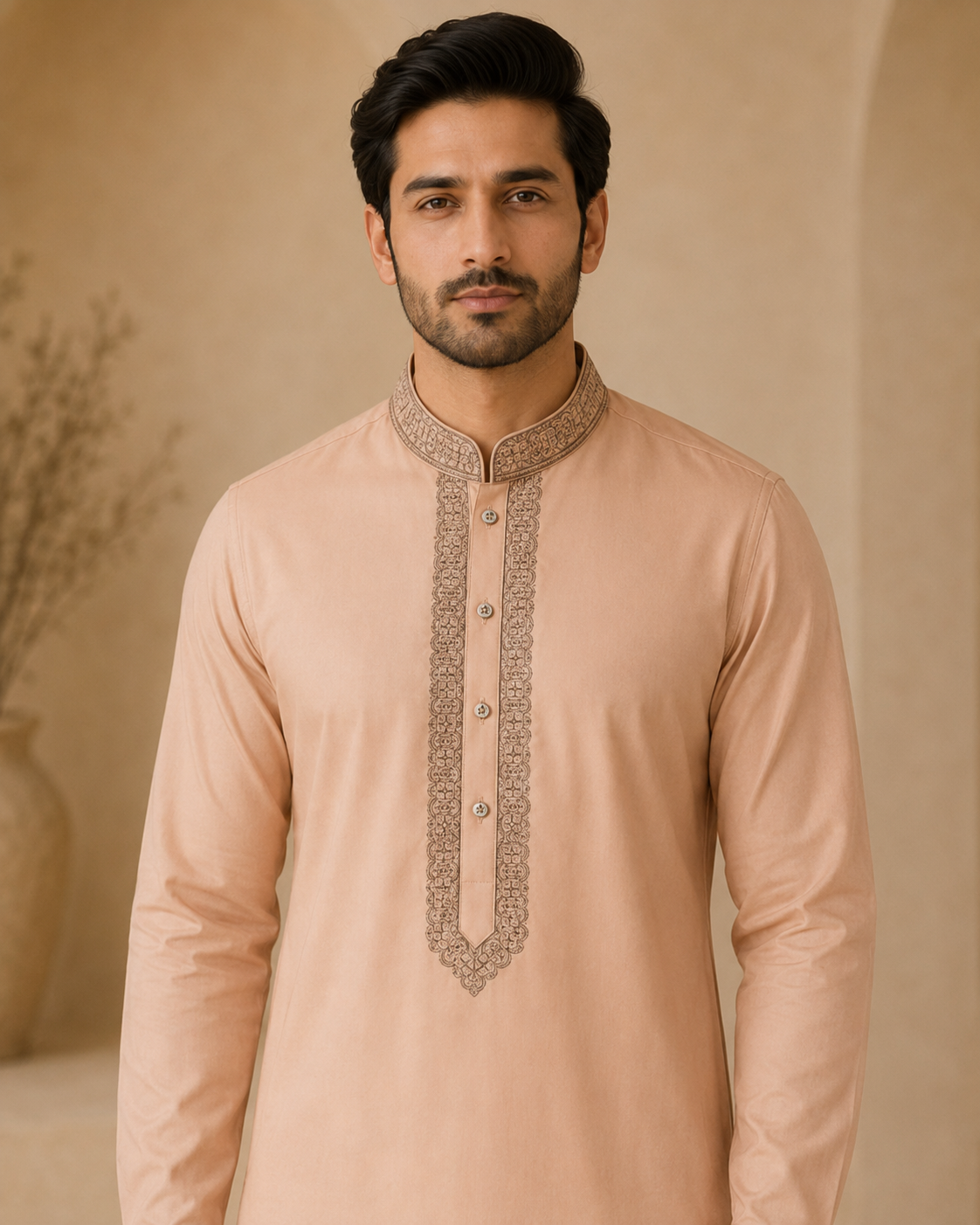 Blush Peach 2-Piece Men’s Embroidered Kurta Trouser Set