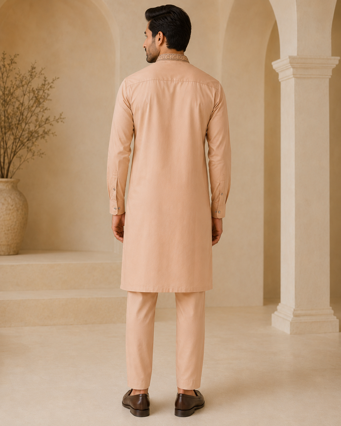 Blush Peach 2-Piece Men’s Embroidered Kurta Trouser Set