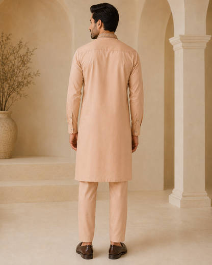Blush Peach 2-Piece Men’s Embroidered Kurta Trouser Set