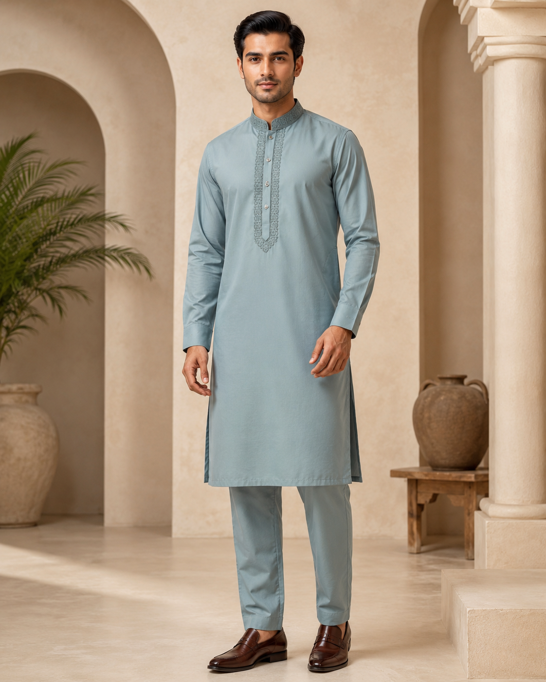 Dusty Blue 2-Piece Men’s Embroidered Kurta Trouser Set