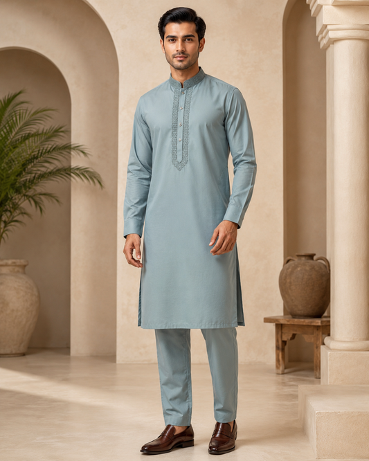 Dusty Blue 2-Piece Men’s Embroidered Kurta Trouser Set