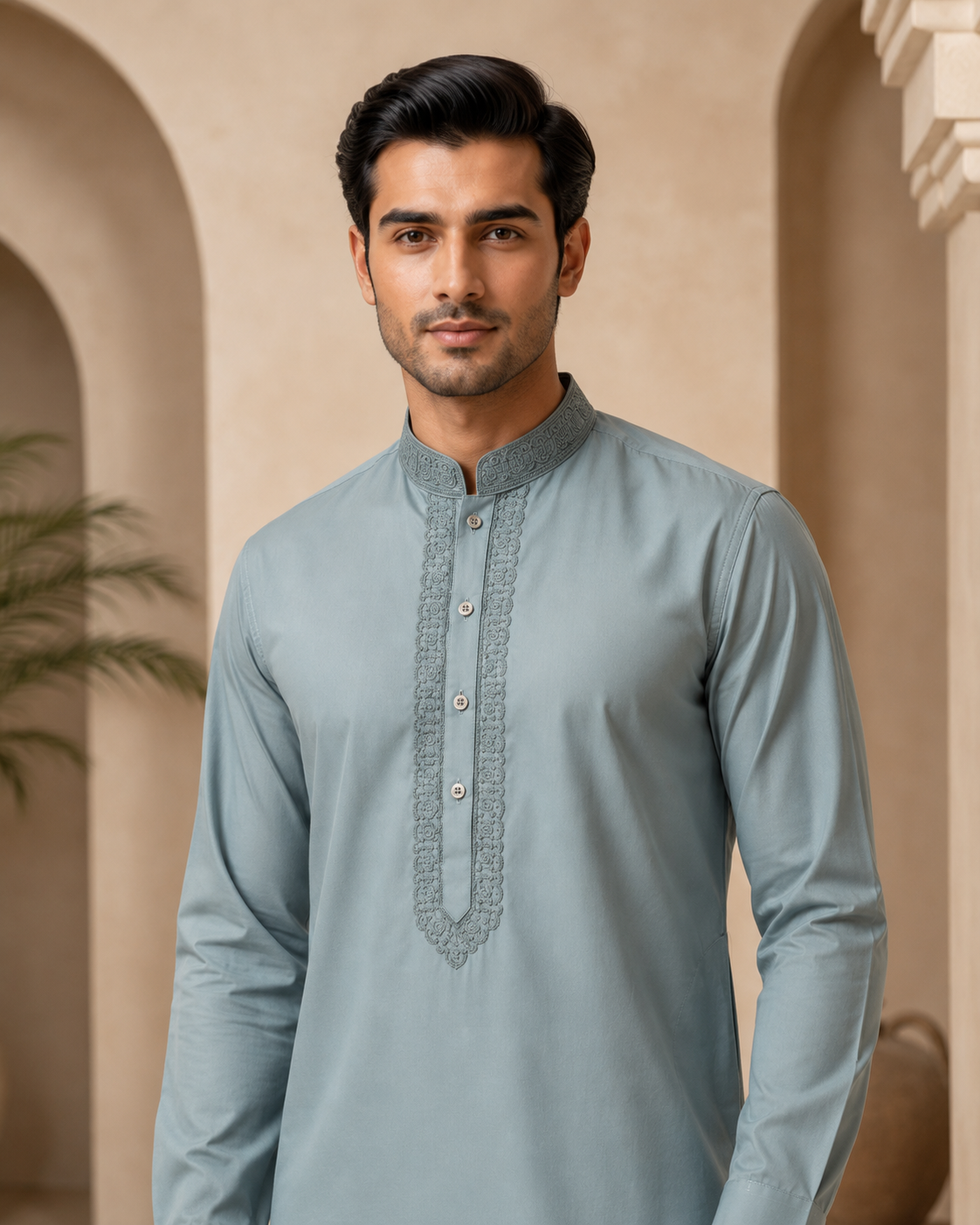 Dusty Blue 2-Piece Men’s Embroidered Kurta Trouser Set