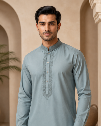 Dusty Blue 2-Piece Men’s Embroidered Kurta Trouser Set