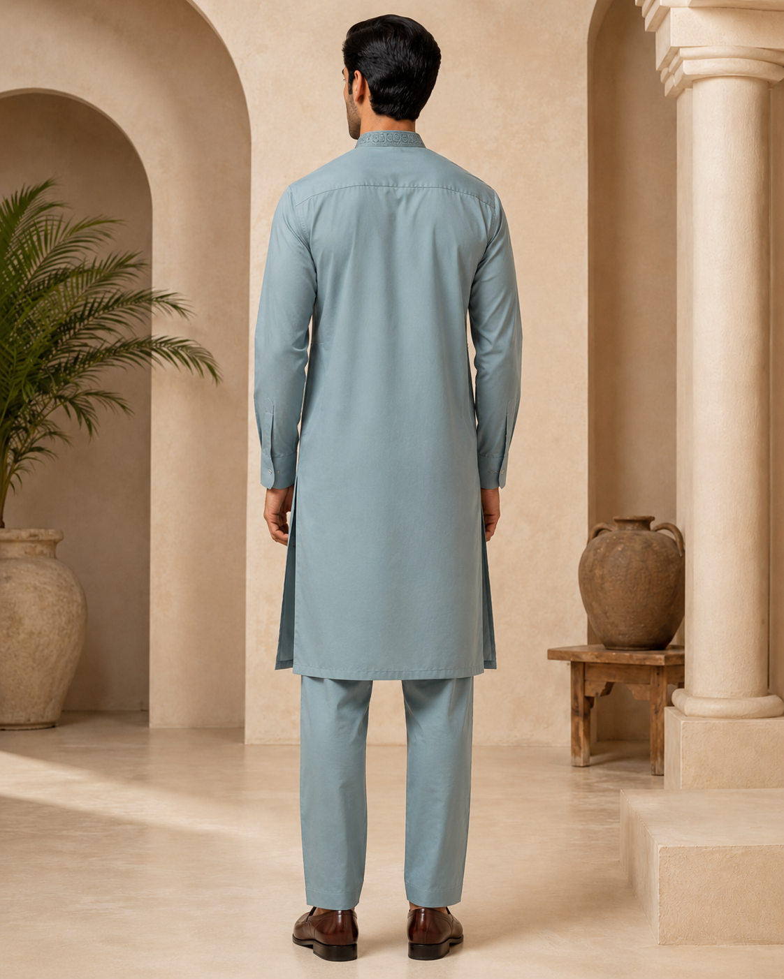 Dusty Blue 2-Piece Men’s Embroidered Kurta Trouser Set
