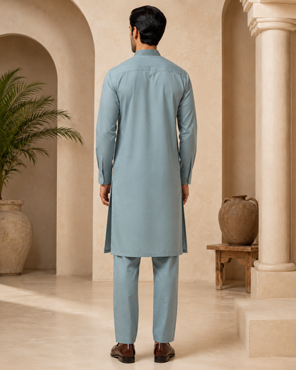 Dusty Blue 2-Piece Men’s Embroidered Kurta Trouser Set