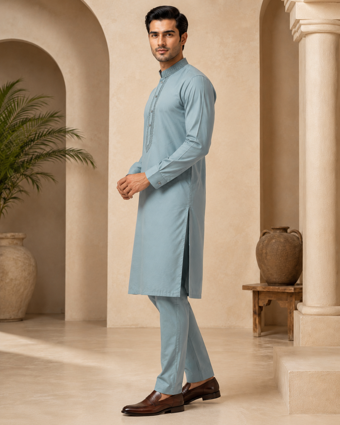 Dusty Blue 2-Piece Men’s Embroidered Kurta Trouser Set