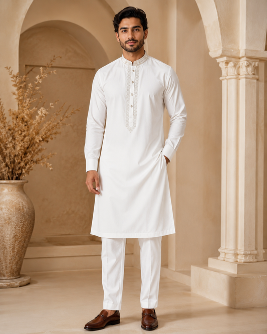 Classic White 2-Piece Men’s Embroidered Kurta Trouser Set