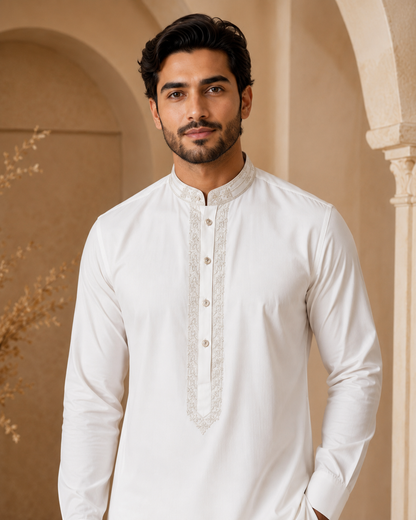 Classic White 2-Piece Men’s Embroidered Kurta Trouser Set
