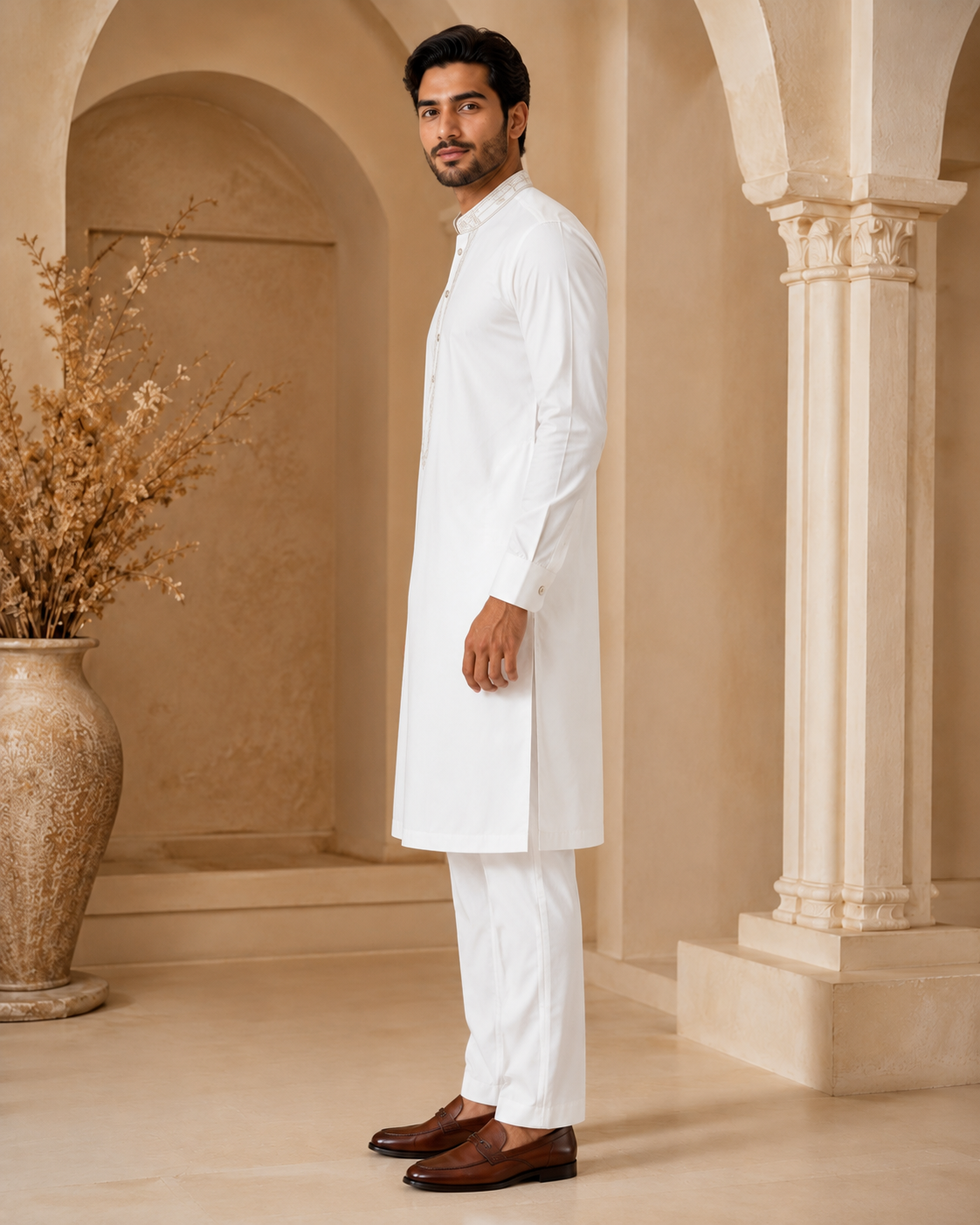 Classic White 2-Piece Men’s Embroidered Kurta Trouser Set