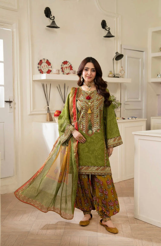 Olive Heritage 3-Piece Printed Lawn Suit