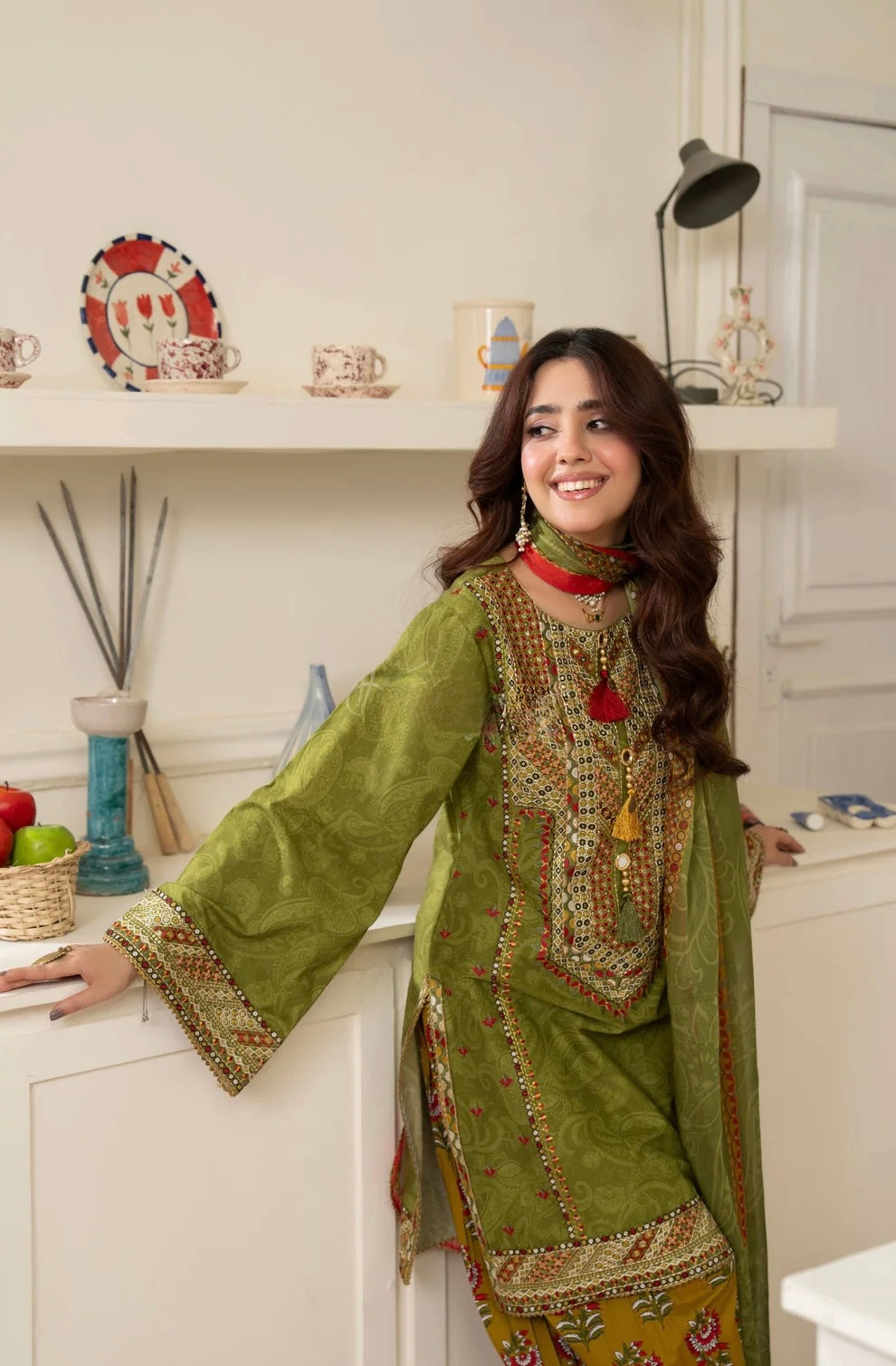 Olive Heritage 3-Piece Printed Lawn Suit