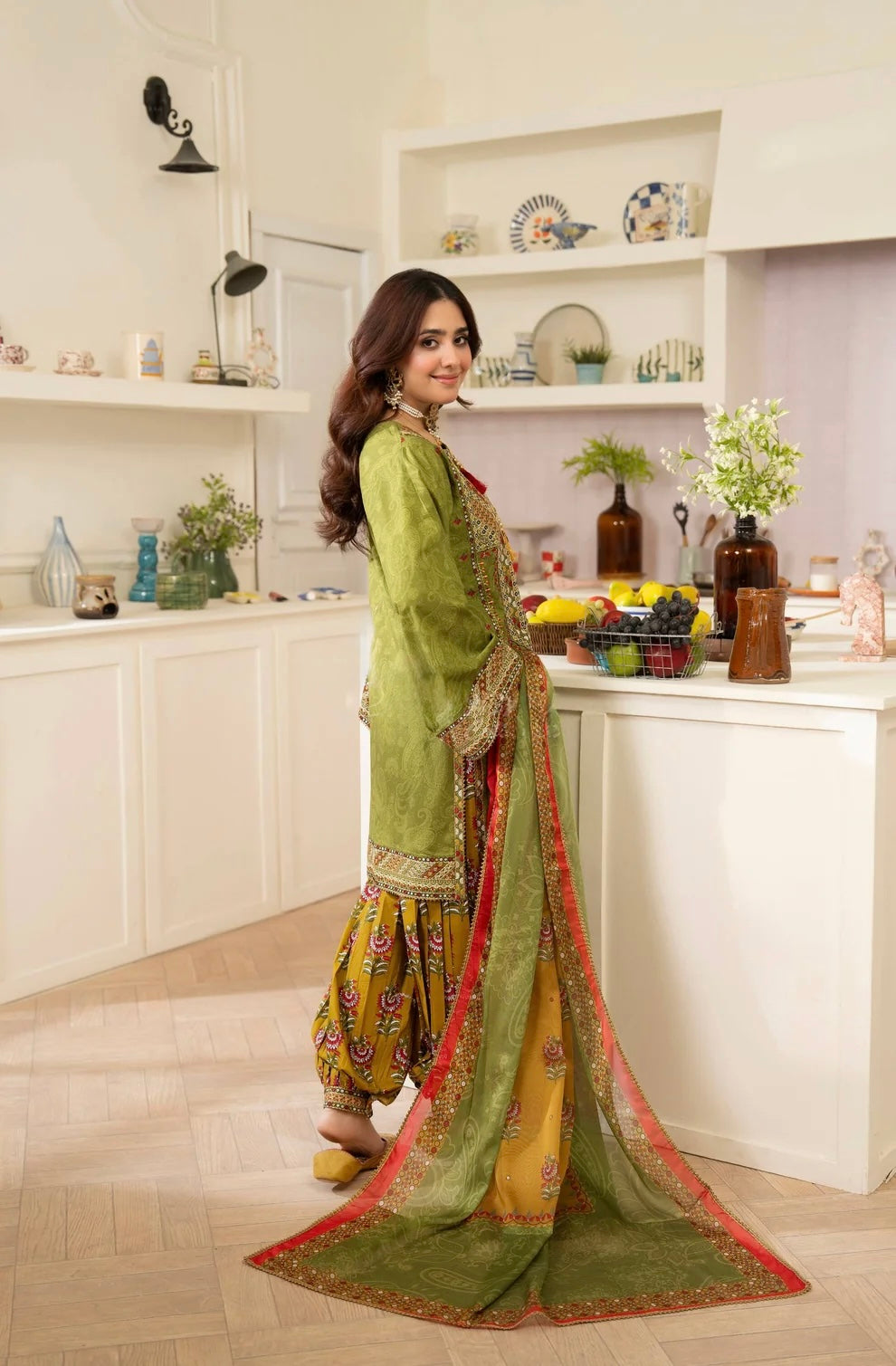Olive Heritage 3-Piece Printed Lawn Suit