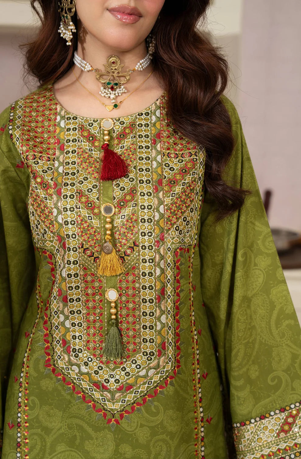 Olive Heritage 3-Piece Printed Lawn Suit