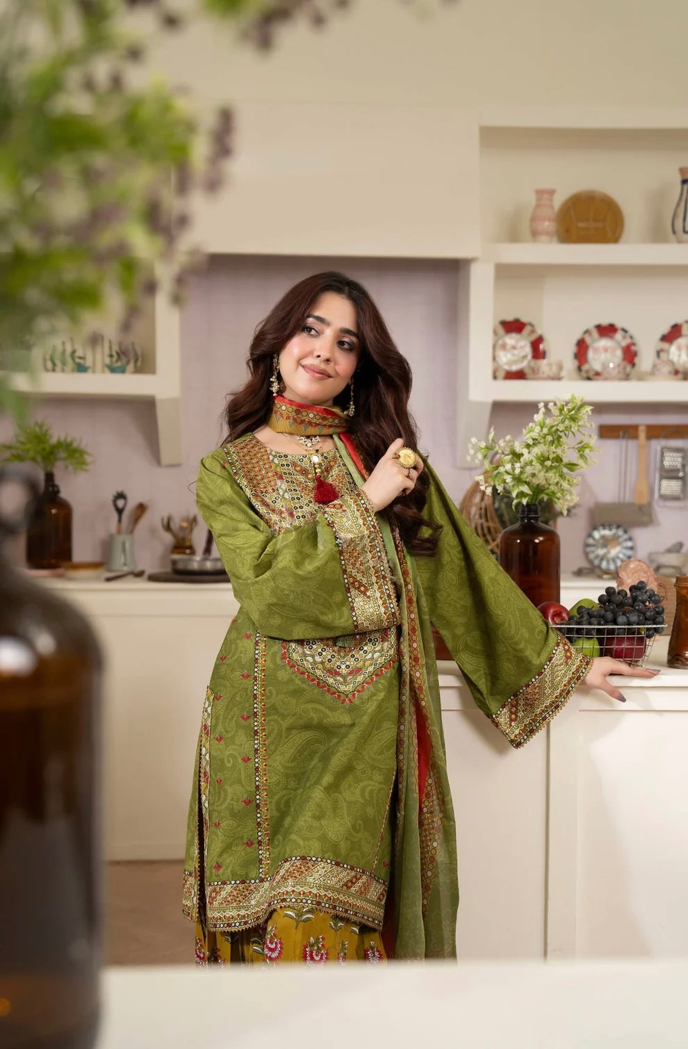 Olive Heritage 3-Piece Printed Lawn Suit
