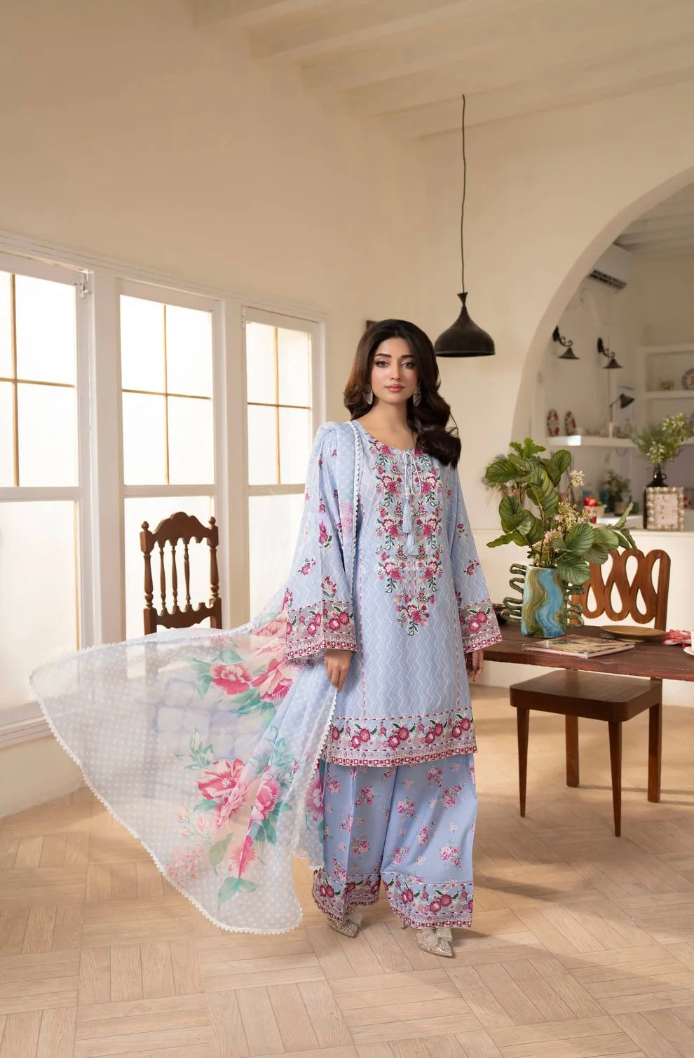 Azure Petals 3-Piece Printed Lawn Suit