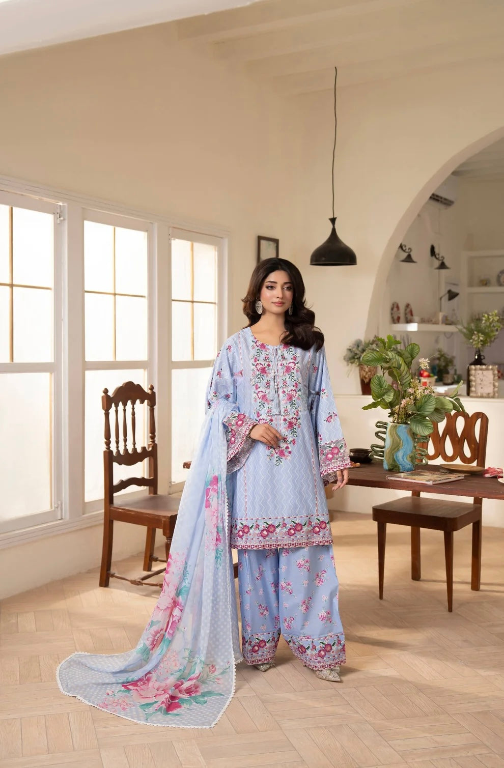 Azure Petals 3-Piece Printed Lawn Suit
