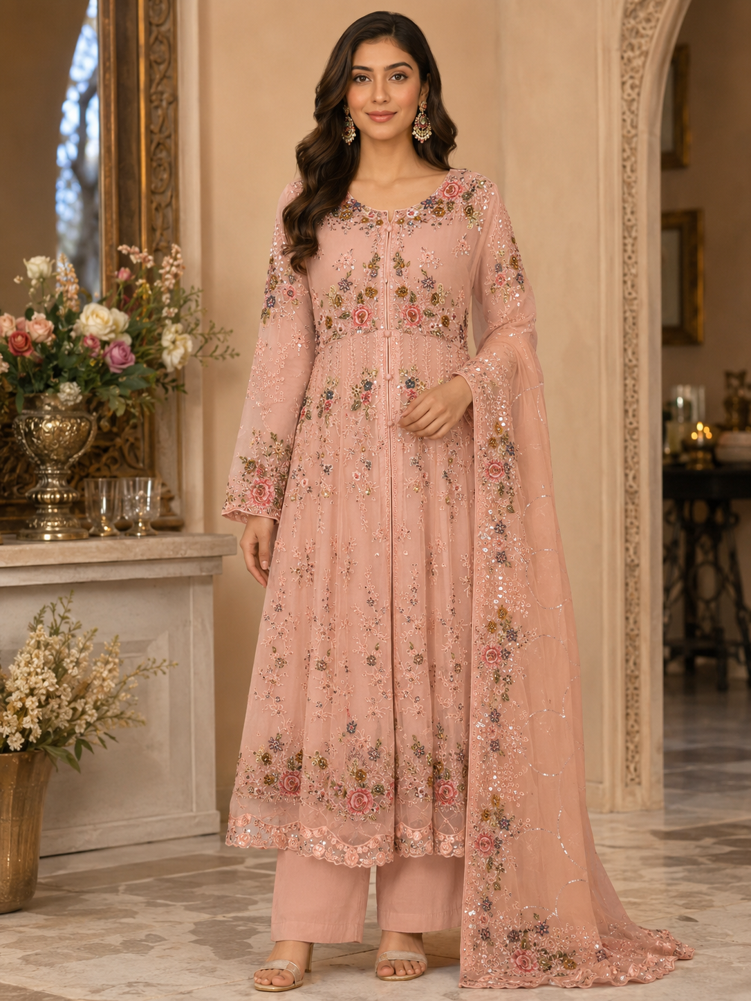 Rose Garden Elegance 3-Piece Embroidered Chiffon Gown Set
