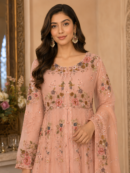 Rose Garden Elegance 3-Piece Embroidered Chiffon Gown Set