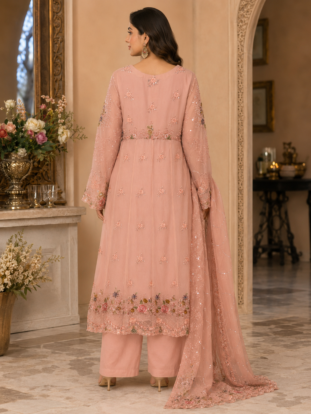 Rose Garden Elegance 3-Piece Embroidered Chiffon Gown Set