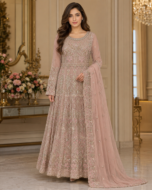 Rose Reverie Luxe 3-Piece Embroidered Net Gown Set