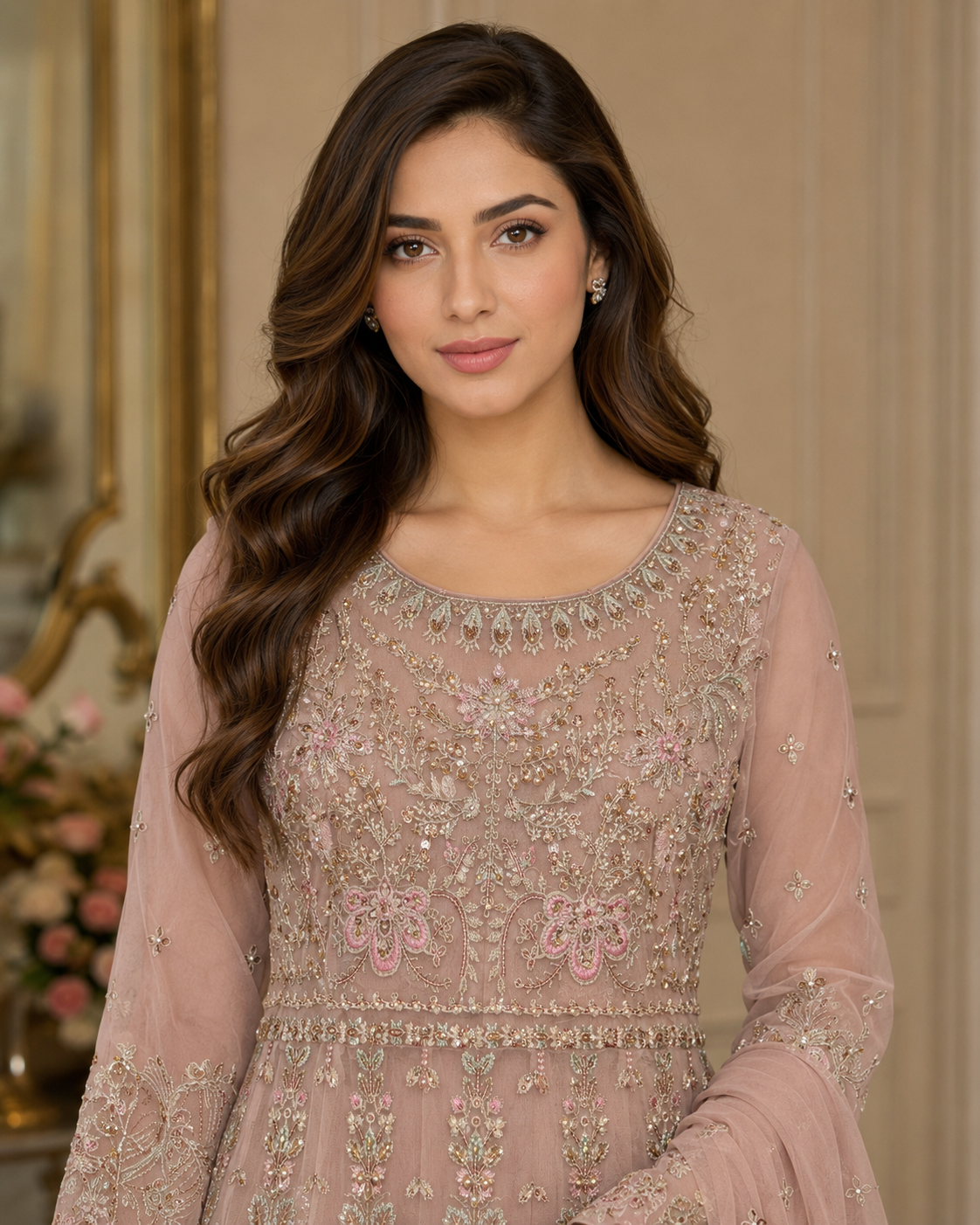 Rose Reverie Luxe 3-Piece Embroidered Net Gown Set
