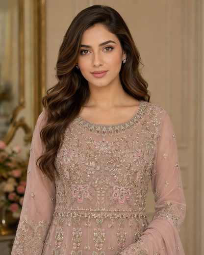 Rose Reverie Luxe 3-Piece Embroidered Net Gown Set