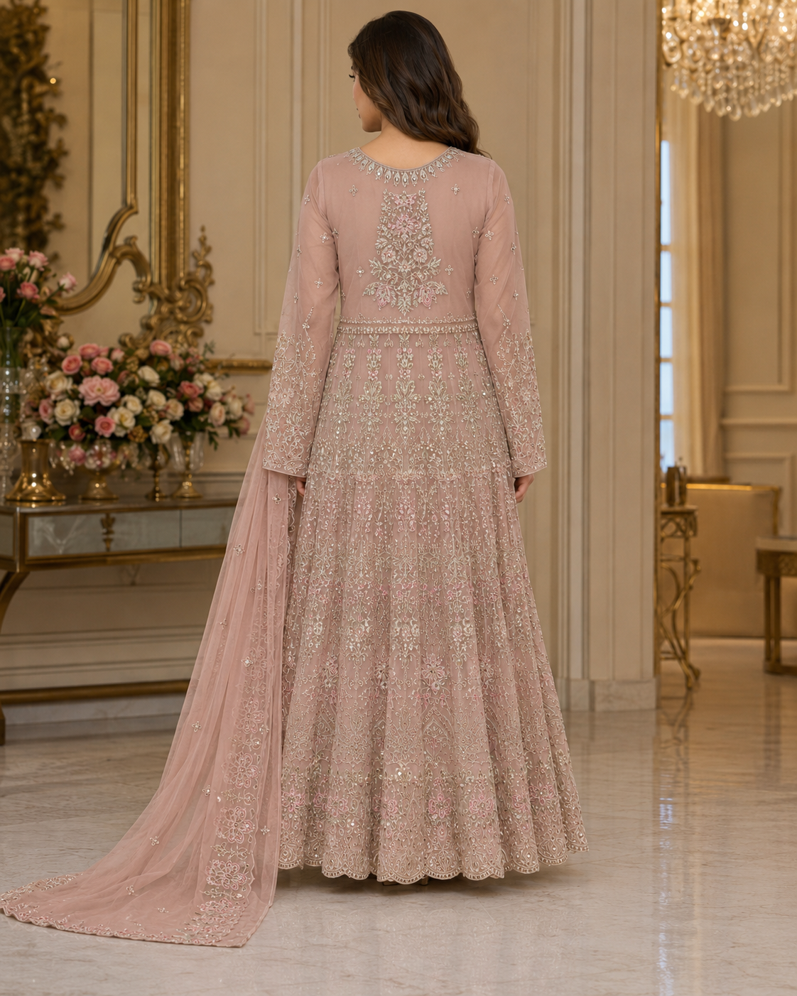 Rose Reverie Luxe 3-Piece Embroidered Net Gown Set