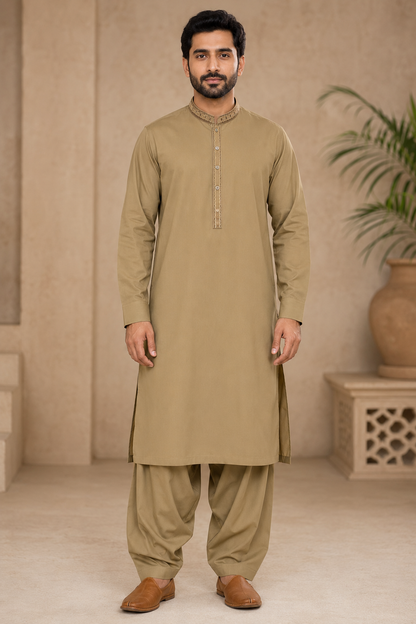 Heritage Crest Embroidered Men’s 3-Piece Shalwar Kameez Set