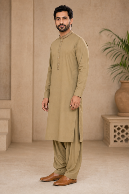Heritage Crest Embroidered Men’s 3-Piece Shalwar Kameez Set