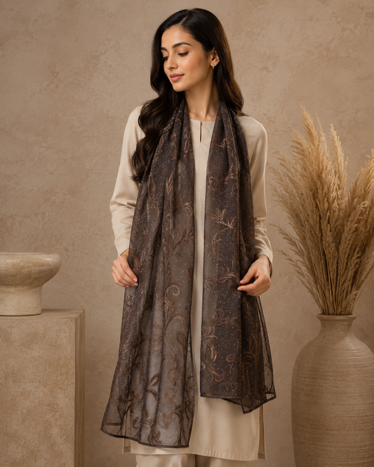 Mocha Brown Embroidered Broshia Slub Chiffon 1-Piece Scarf
