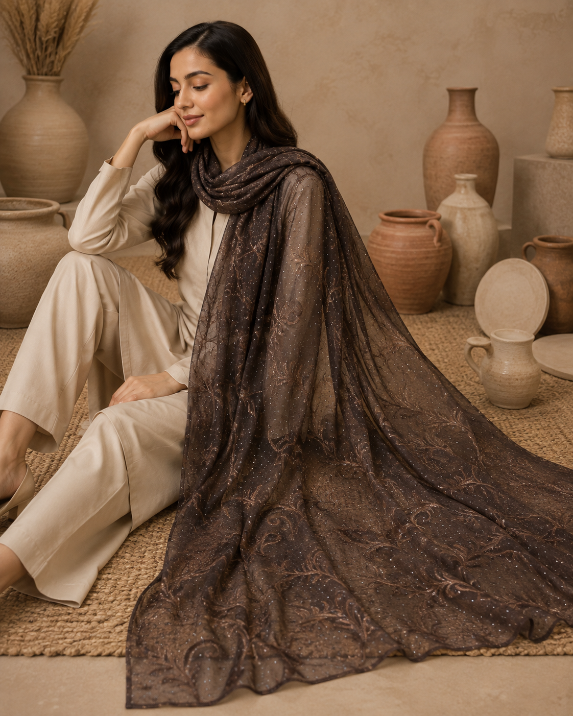 Mocha Brown Embroidered Broshia Slub Chiffon 1-Piece Scarf