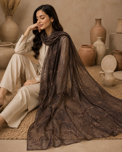 Mocha Brown Embroidered Broshia Slub Chiffon 1-Piece Scarf