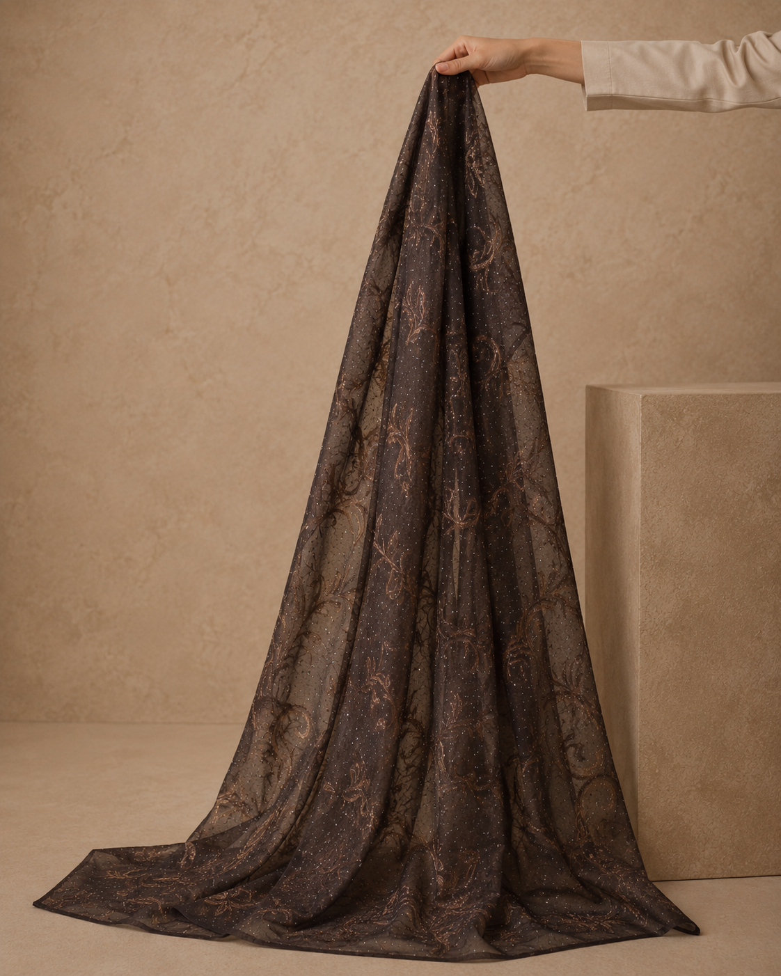 Mocha Brown Embroidered Broshia Slub Chiffon 1-Piece Scarf