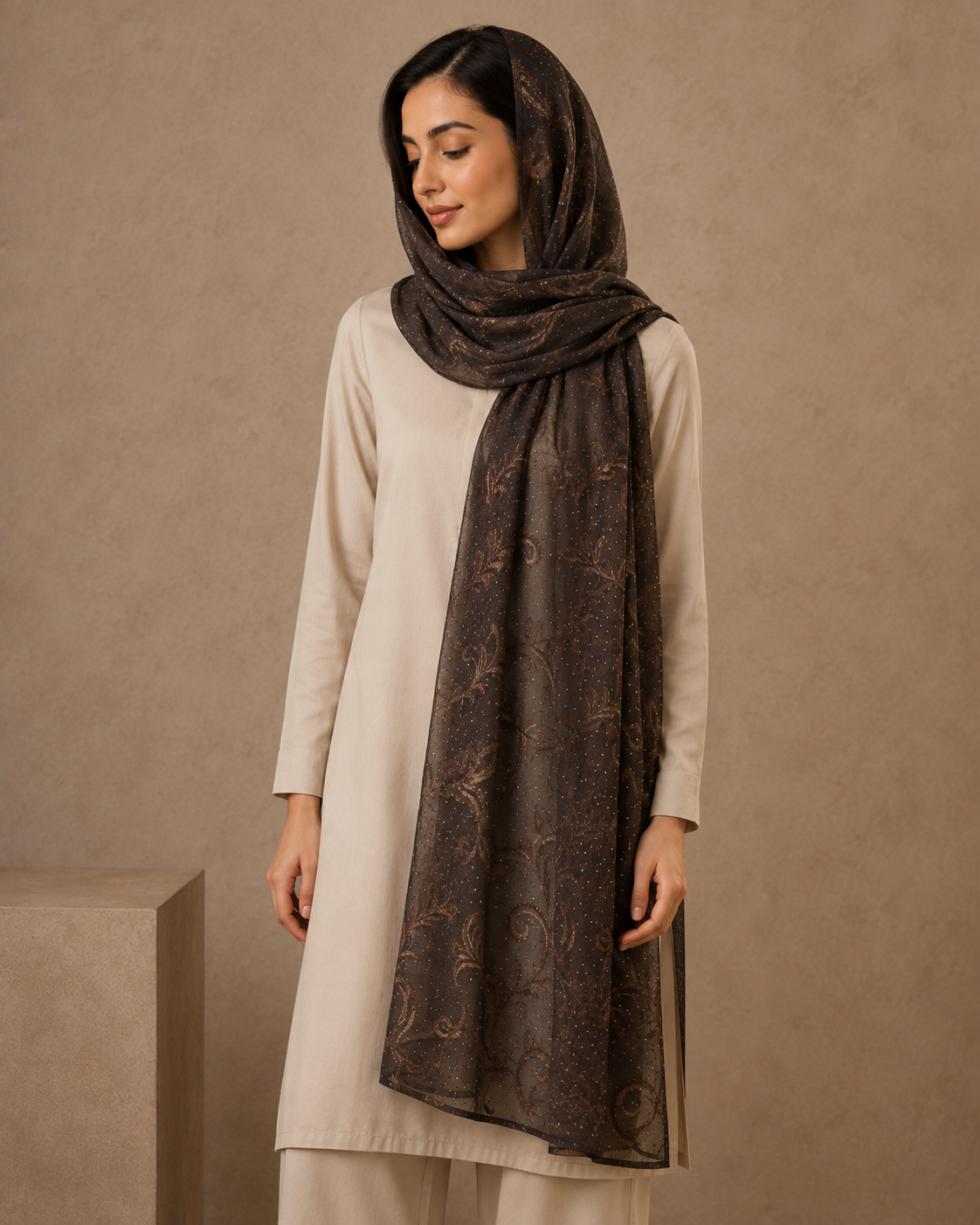 Mocha Brown Embroidered Broshia Slub Chiffon 1-Piece Scarf