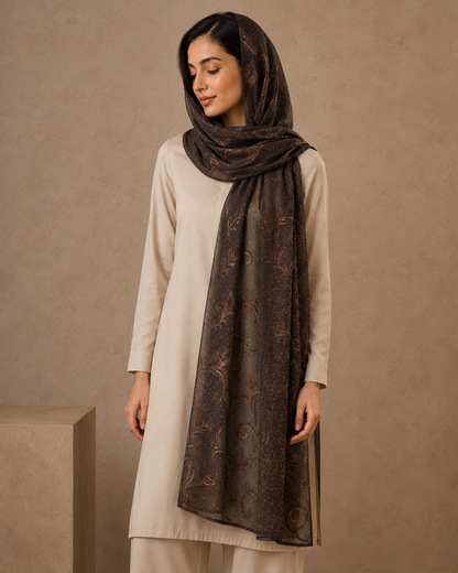 Mocha Brown Embroidered Broshia Slub Chiffon 1-Piece Scarf