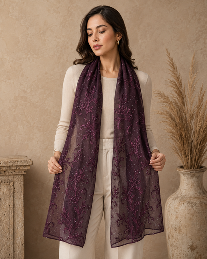 Mulberry Embroidered Broshia Slub Chiffon 1-Piece Scarf