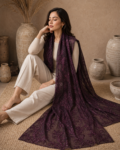Mulberry Embroidered Broshia Slub Chiffon 1-Piece Scarf
