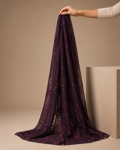 Mulberry Embroidered Broshia Slub Chiffon 1-Piece Scarf