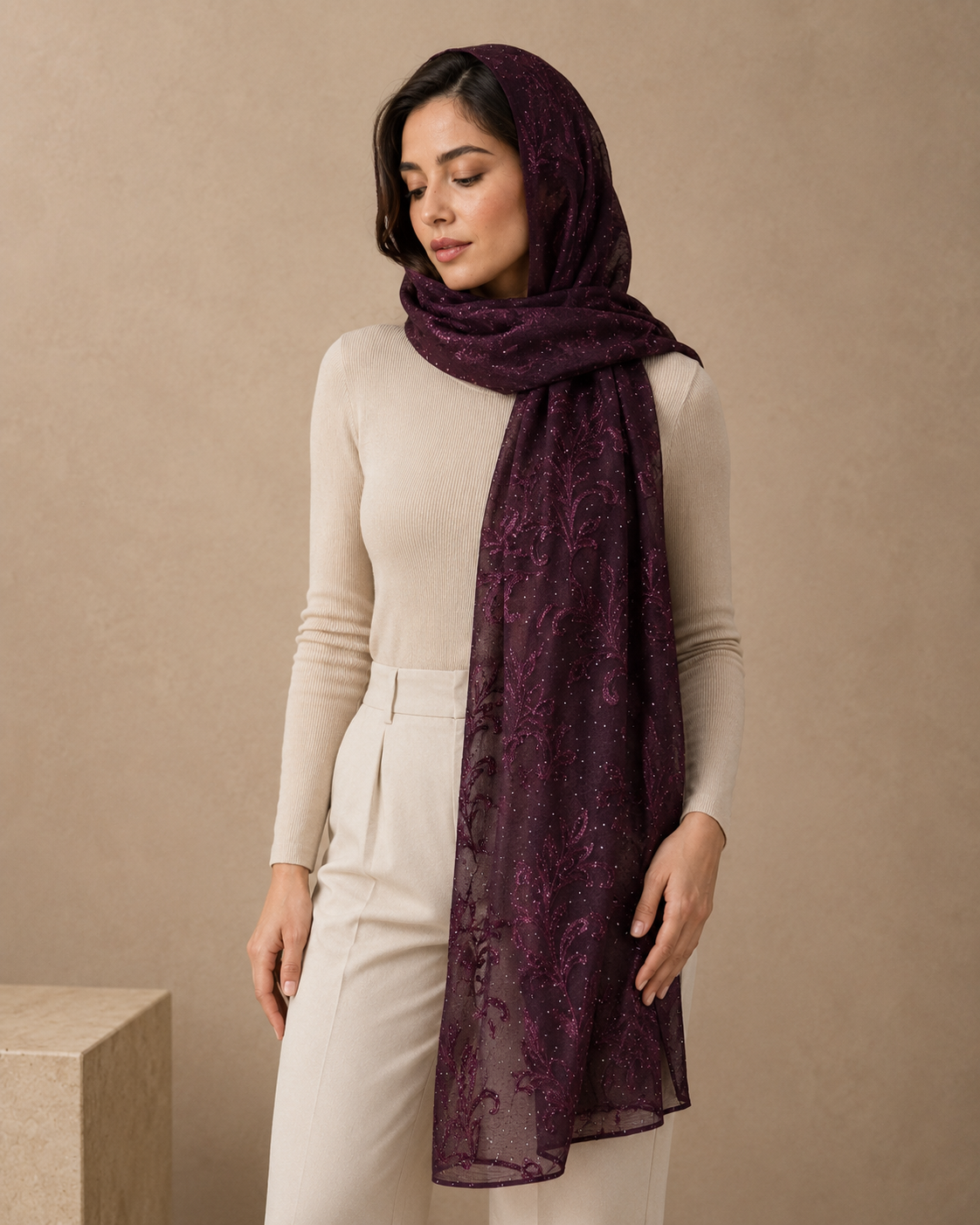Mulberry Embroidered Broshia Slub Chiffon 1-Piece Scarf