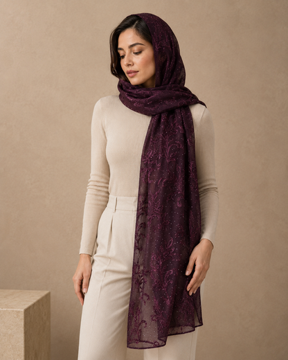 Mulberry Embroidered Broshia Slub Chiffon 1-Piece Scarf