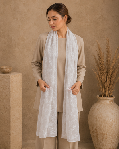 Embroidered Broshia Slub Chiffon 1-Piece Scarf