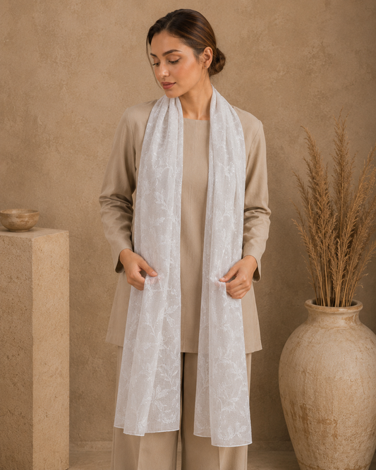 Embroidered Broshia Slub Chiffon 1-Piece Scarf